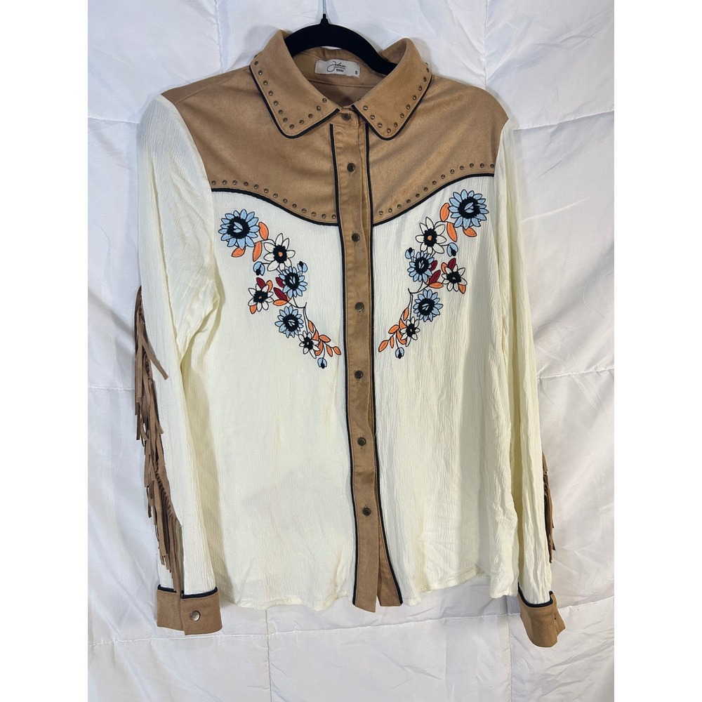 Chic Western Embroidered Button Down Shirt - Cream and Brown